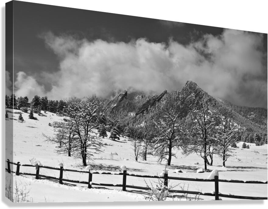 Boulder Colorado Snowy Flatirons Landscape Black and White  Canvas Print