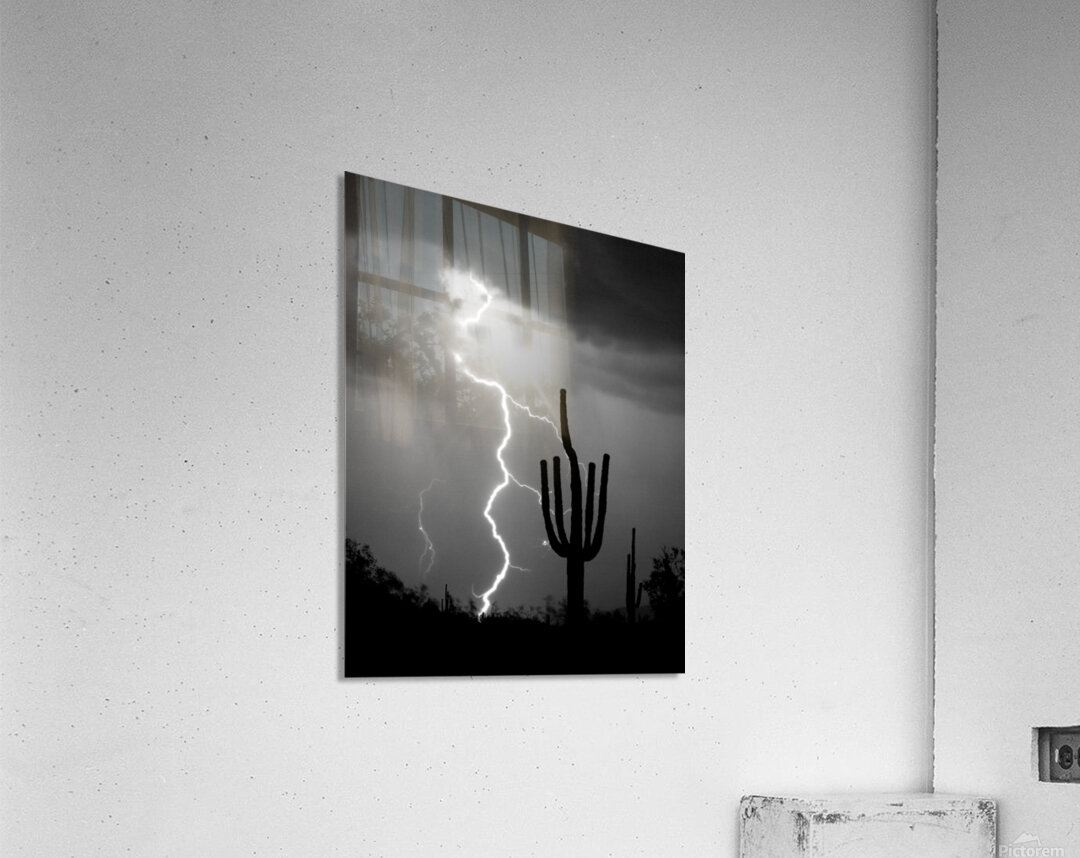Black and White Lightning Over Arizona Desert Saguaro Acrylic Print