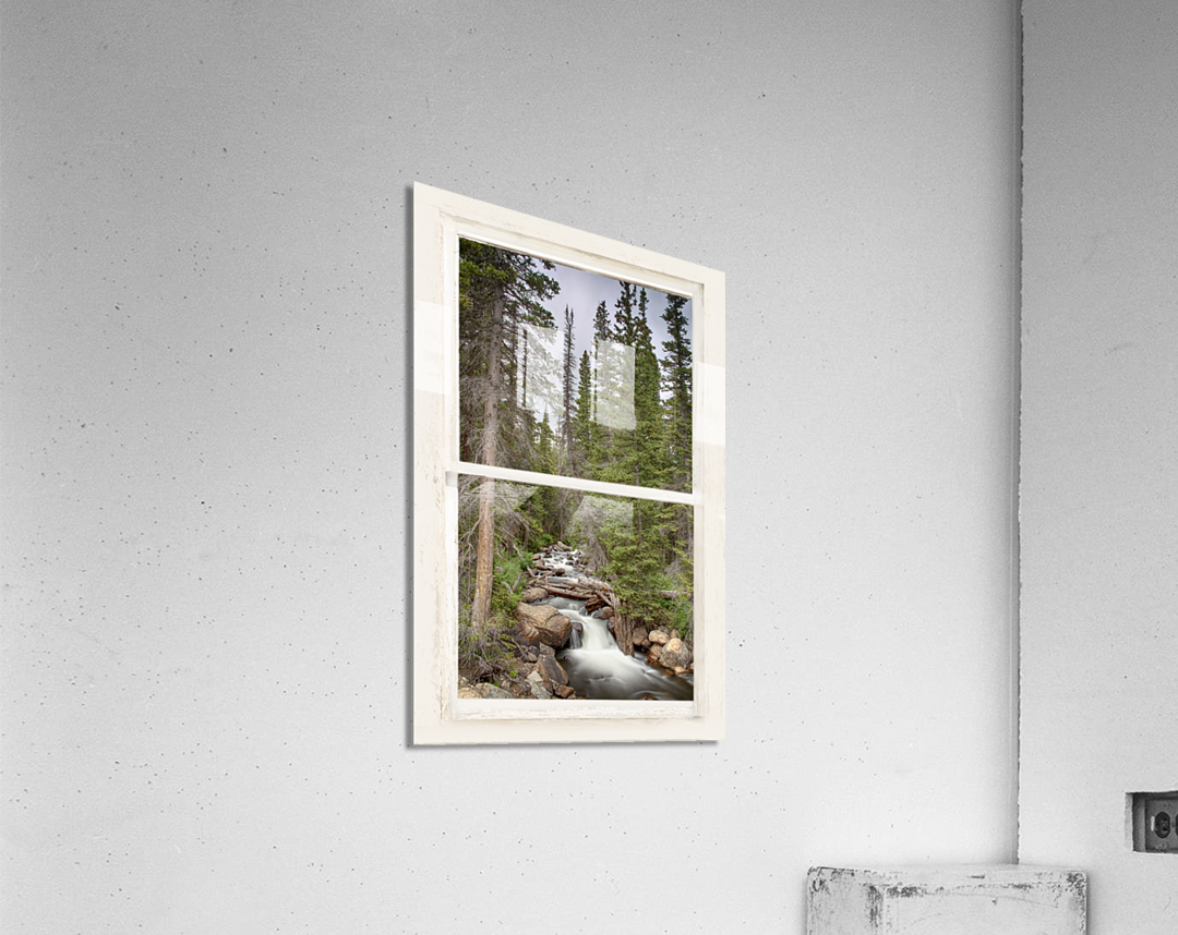 Rocky Mountain Stream White Rustic Window  Acrylic Print 