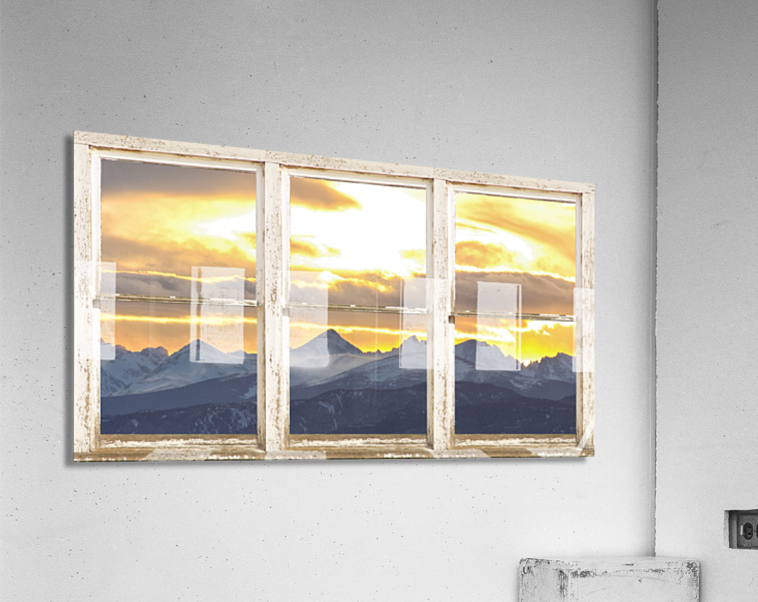 Rocky Mountain Sunset White Rustic Barn Window  Acrylic Print 