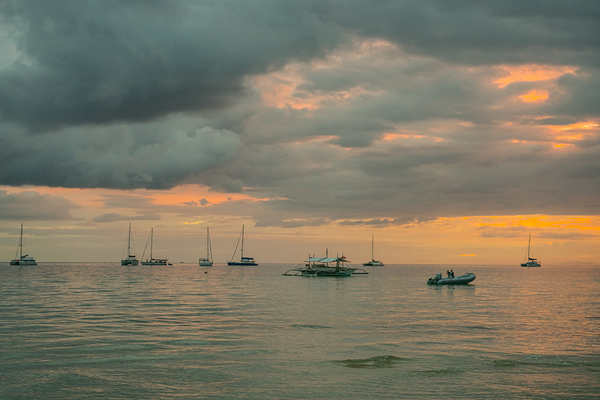Sails Silhouetted in Sunsets Glow Camotes Twilight  Print
