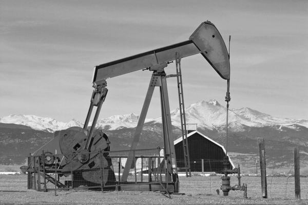Oil Well Pumpjack Red Barn and Longs Peak BW Print