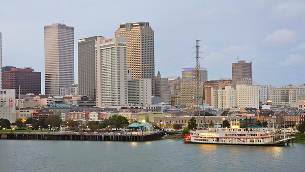 New Orleans Cityscape   Where Skyscrapers Meet Sassy Steamboats Print