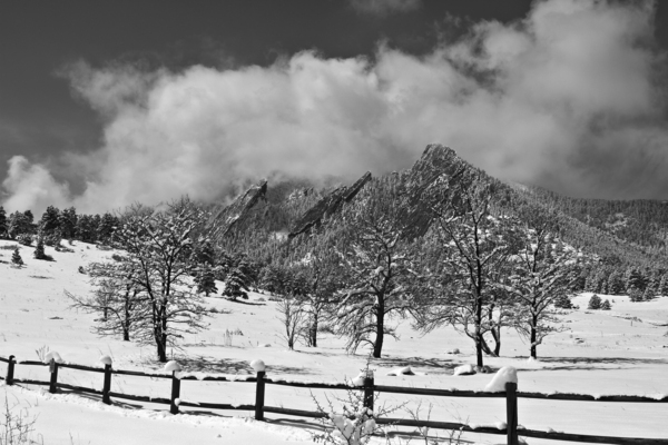 Boulder Colorado Snowy Flatirons Landscape Black and White Digital Download