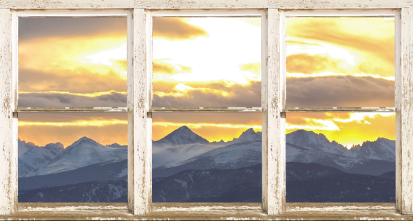 Rocky Mountain Sunset White Rustic Barn Window Print