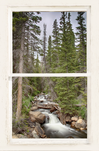 Rocky Mountain Stream White Rustic Window Print