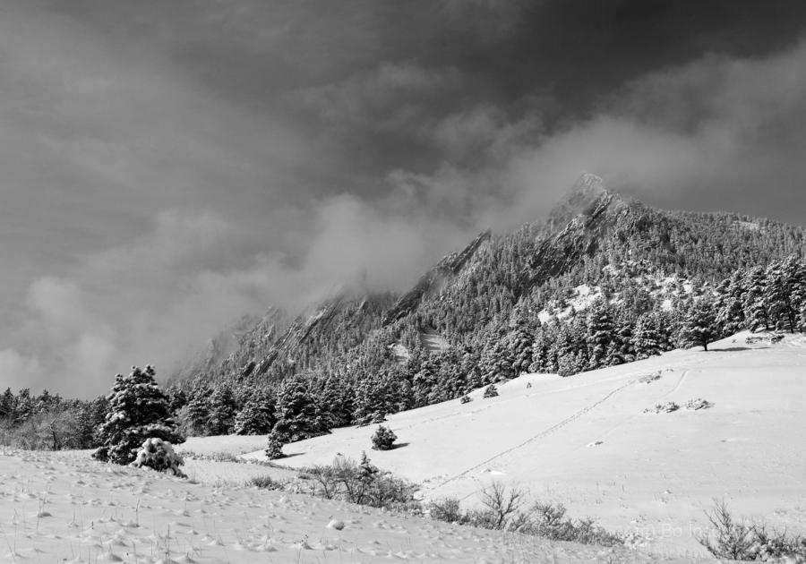 Boulder Colorado Flatirons April Snow In Black and White  Print