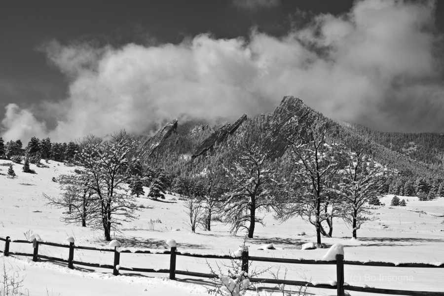 Boulder Colorado Snowy Flatirons Landscape Black and White  Print