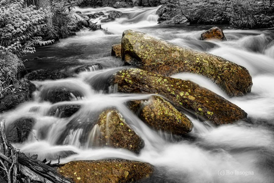 Cascading Water and Rocky Mountain Rocks BWSC  Print