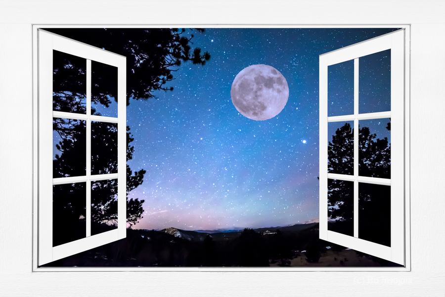 Starry Full Moon White Open Window View  Imprimer
