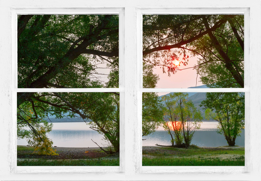 Sun Glowing Lush Trees Lakeside Whitewash Window  Print