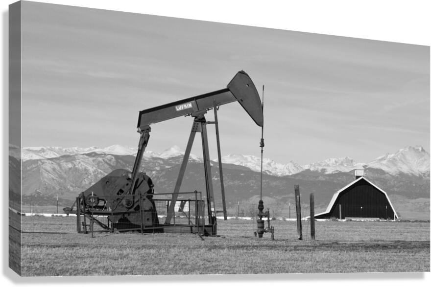 Rocky Mountains Oil Well and Barn Panorama BW Canvas Print