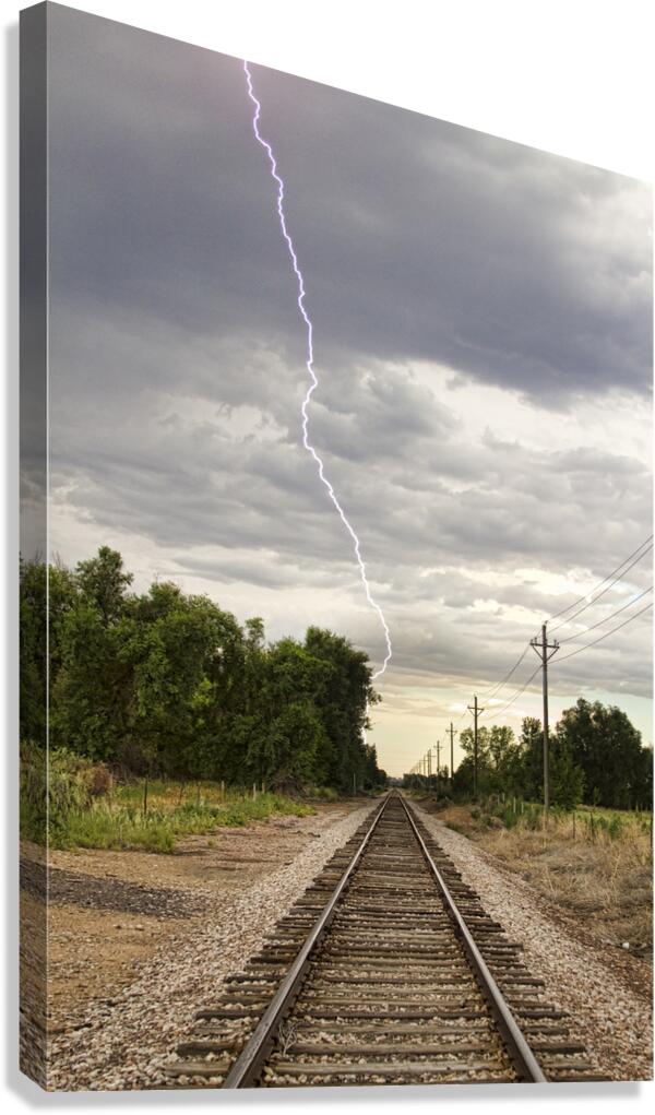 Lightning Striking By The Train Tracks Canvas Print