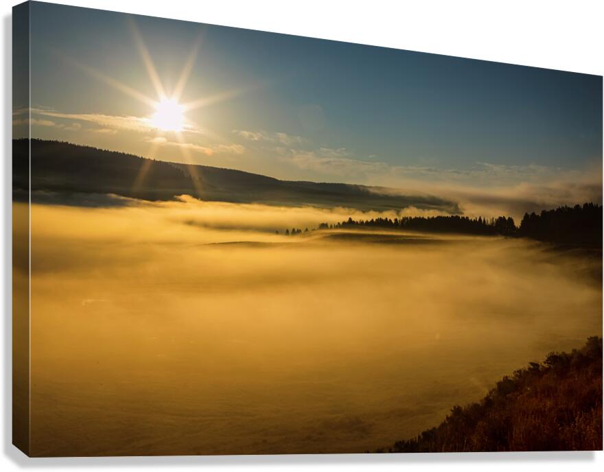 Golden Mist Sunrise Fog On Yellowstone Lake Canvas Print