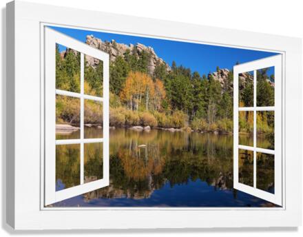 Peaceful Colorful Lakeside White Open Window View  Canvas Print