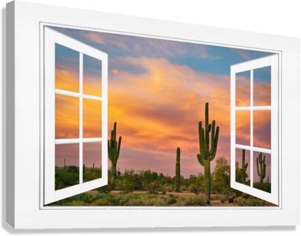 Arizona Saguaro Colorful Sky White Open Window  Impression sur toile