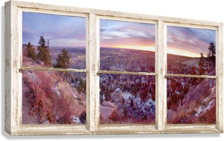 Mountain City White Rustic Barn Picture Window  Impression sur toile
