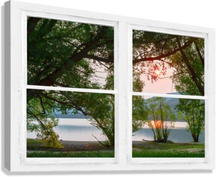 Sun Glowing Lush Trees Lakeside Whitewash Window  Canvas Print