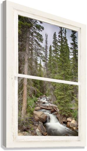 Rocky Mountain Stream White Rustic Window  Canvas Print