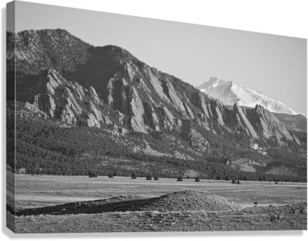 Colorado Rocky Mountains Flatirons Snow Covered Longs Peak BW  Canvas Print