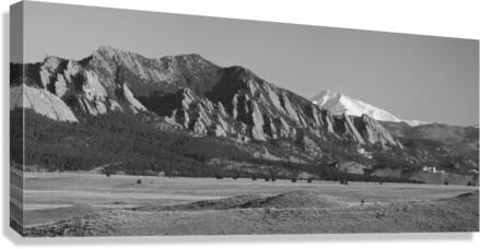 Boulder CO Flatirons Snow Covered Longs Peak Panorama BW Canvas Print