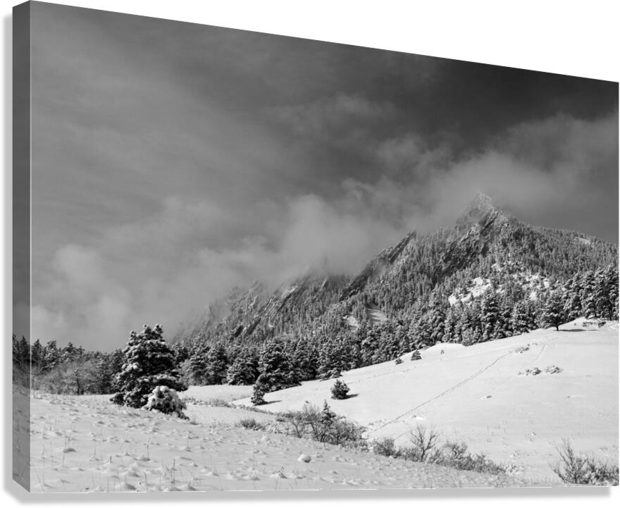 Boulder Colorado Flatirons April Snow In Black and White  Canvas Print