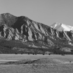 Boulder CO Flatirons Snow Covered Longs Peak Panorama BW