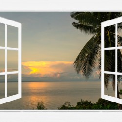 Tropical Sunset White Open Window Frame View