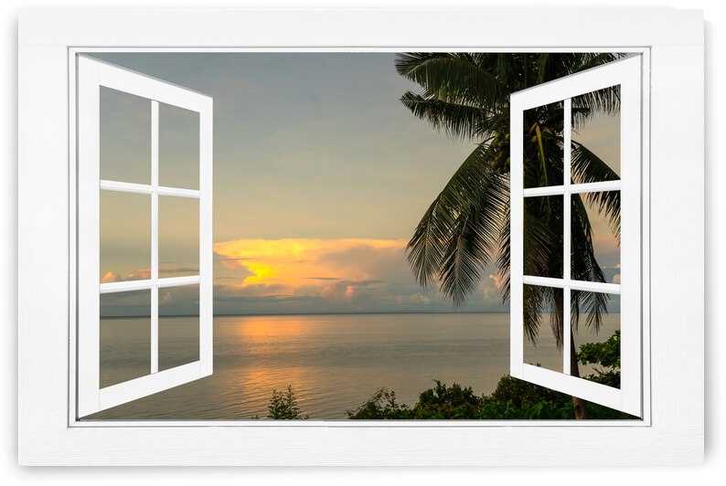 Tropical Sunset White Open Window Frame View by Bo Insogna