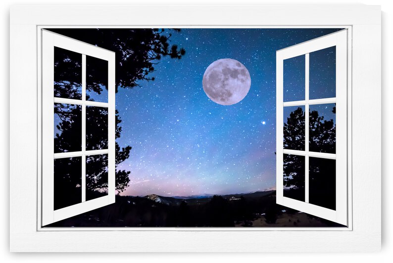 Starry Full Moon White Open Window View by Bo Insogna