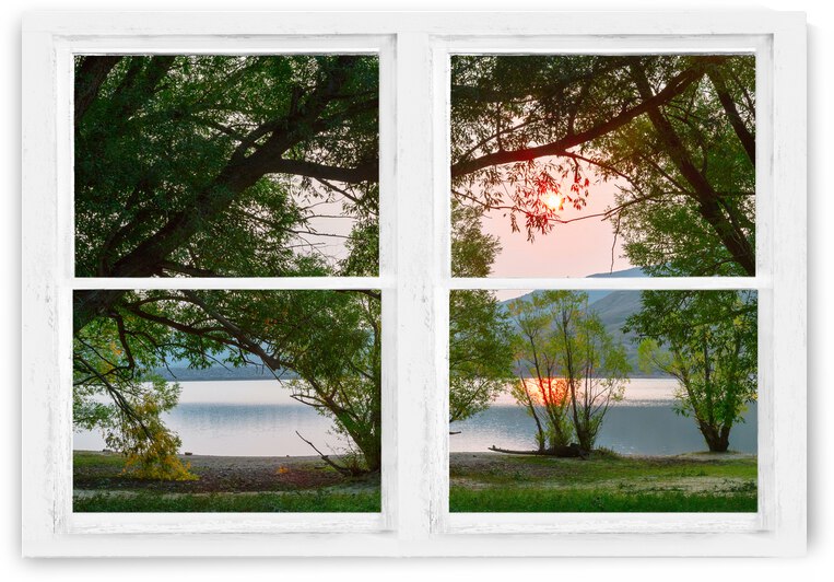 Sun Glowing Lush Trees Lakeside Whitewash Window by Bo Insogna