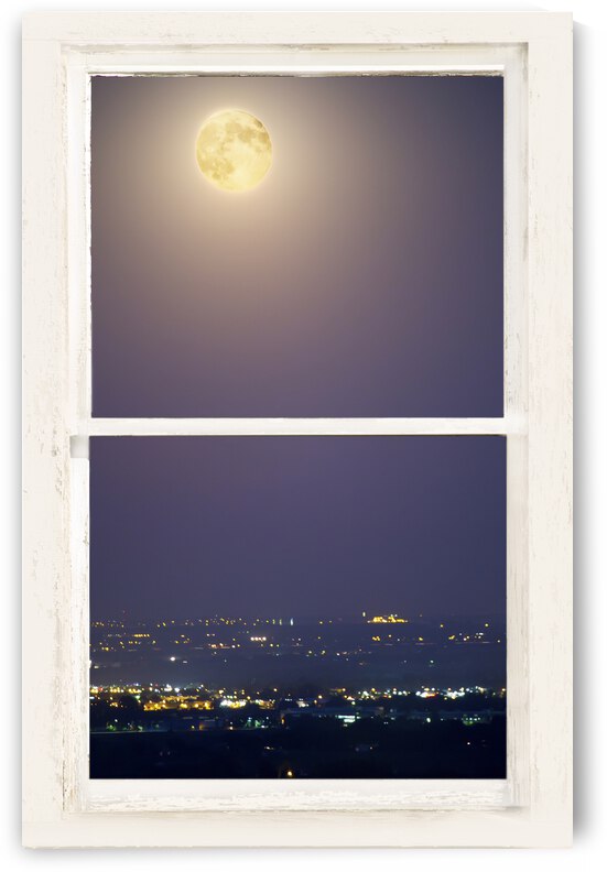 Super Moon City Lights White Rustic Window by Bo Insogna