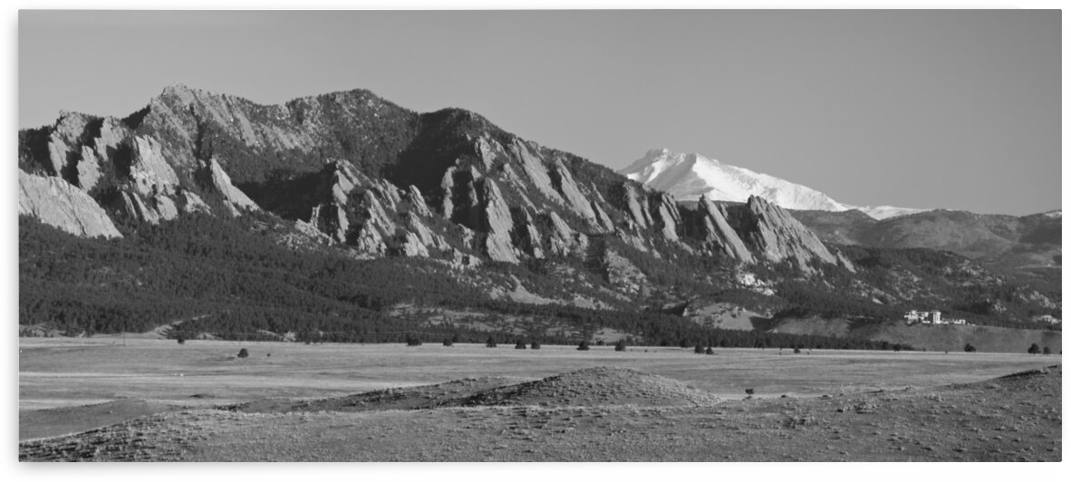 Boulder CO Flatirons Snow Covered Longs Peak Panorama BW by Bo Insogna