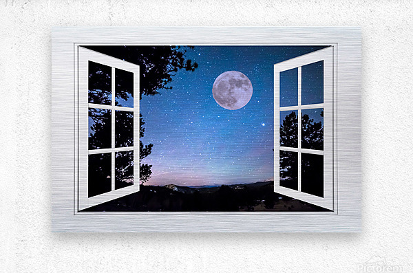 Starry Full Moon White Open Window View  Impression metal