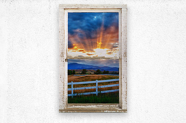 Country Beams sunlight White Barn Window  Metal print