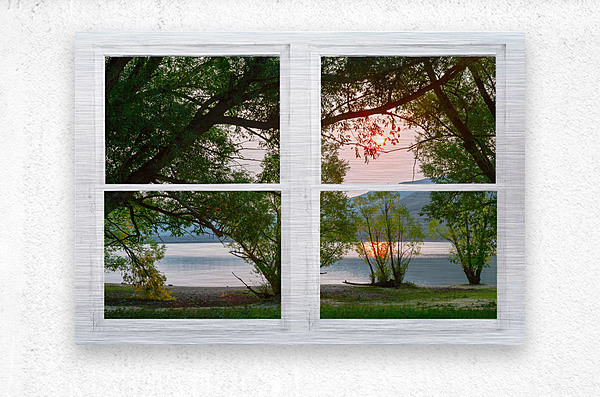Sun Glowing Lush Trees Lakeside Whitewash Window  Metal print