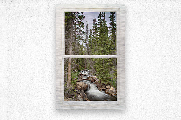 Rocky Mountain Stream White Rustic Window  Metal print