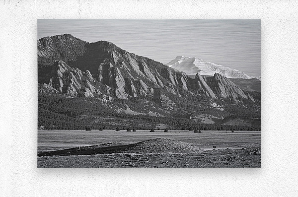Colorado Rocky Mountains Flatirons Snow Covered Longs Peak BW  Impression metal