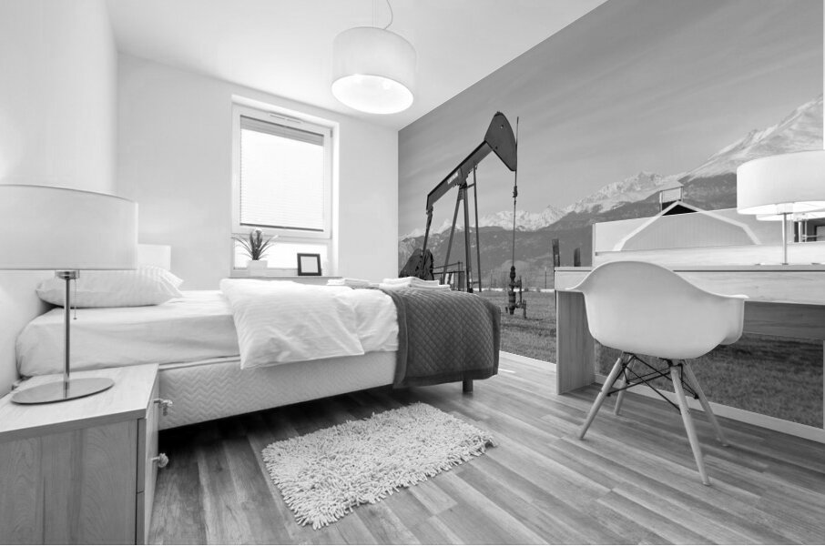 Rocky Mountains Oil Well and Barn Panorama BW Mural print