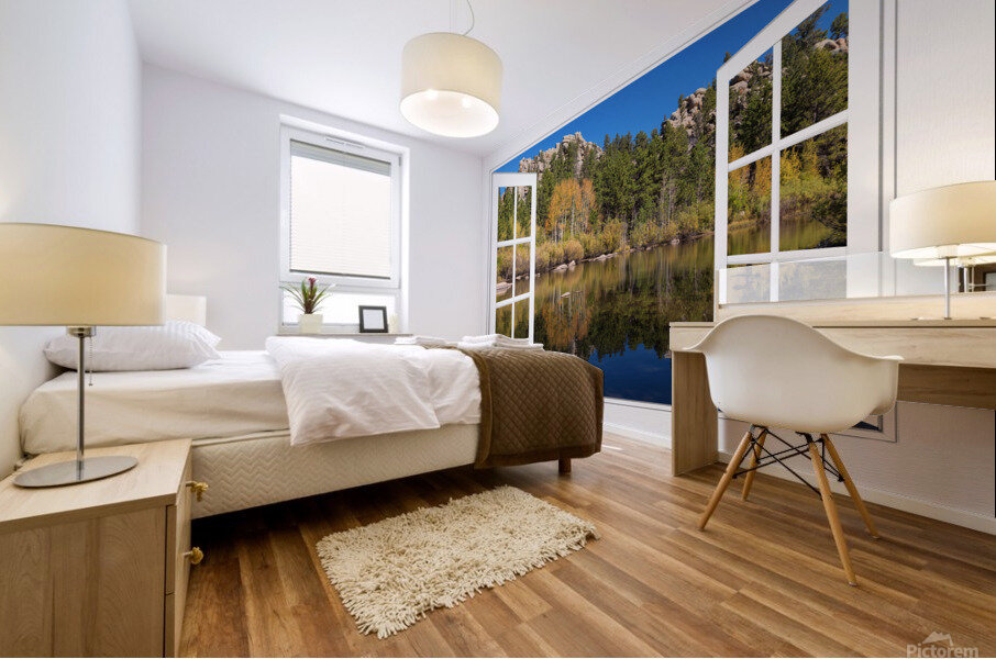 Peaceful Colorful Lakeside White Open Window View Mural print