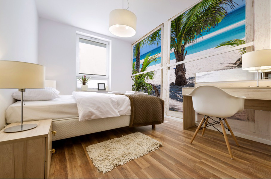 Tropical Paradise Rustic White Window View Mural print