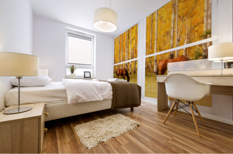 2 Horses Aspen Trees Whitewash Picture Window Mural print