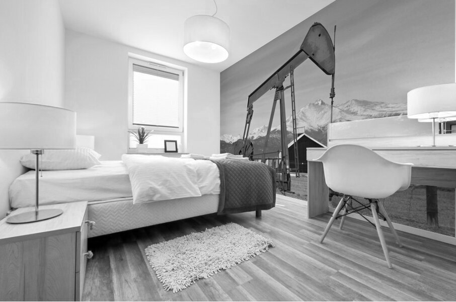 Oil Well Pumpjack Red Barn and Longs Peak BW Mural print