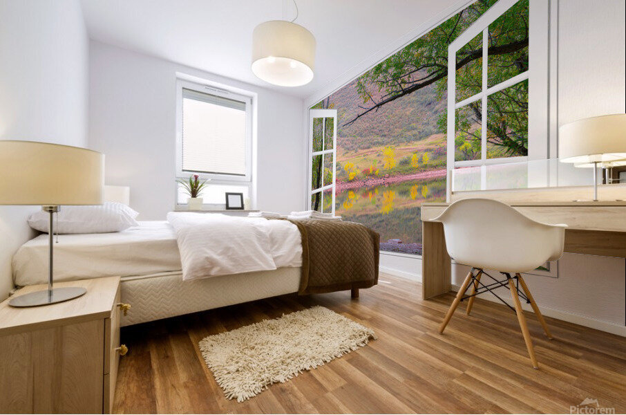 Autumn Lake Open White Picture Window View Mural print