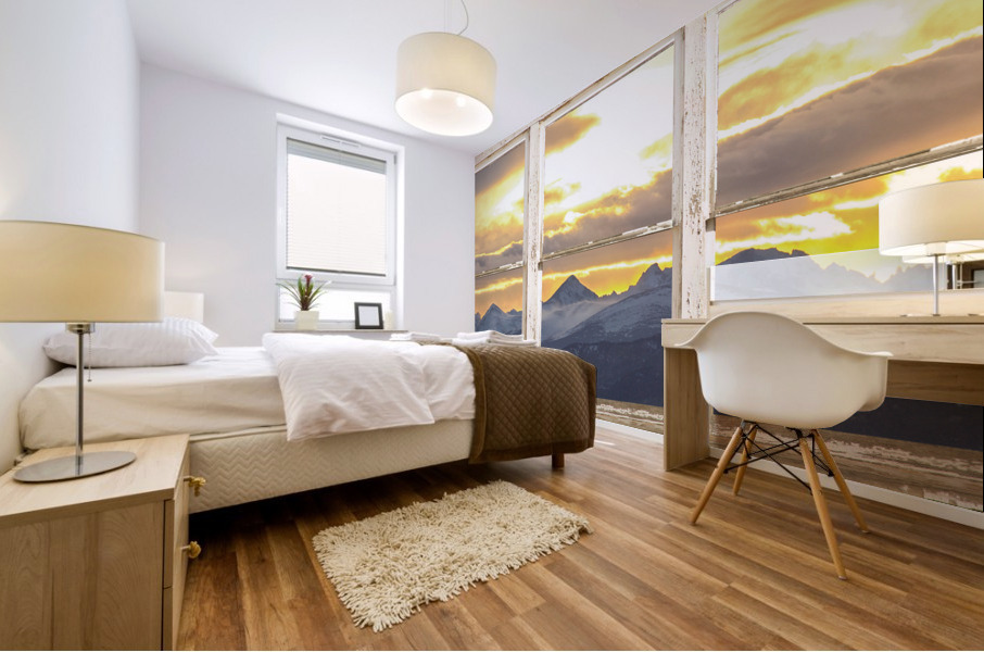 Rocky Mountain Sunset White Rustic Barn Window Mural print