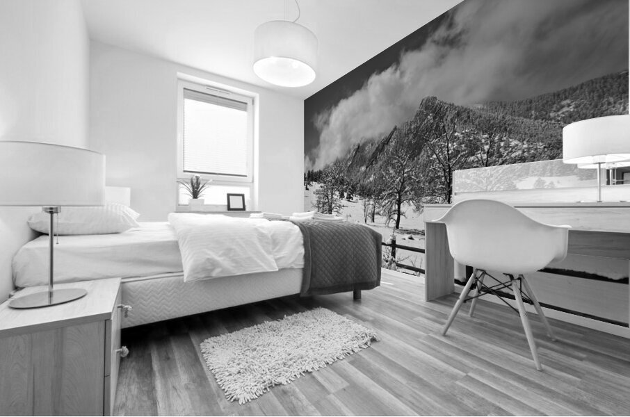Boulder Colorado Snowy Flatirons Landscape Black and White Mural print