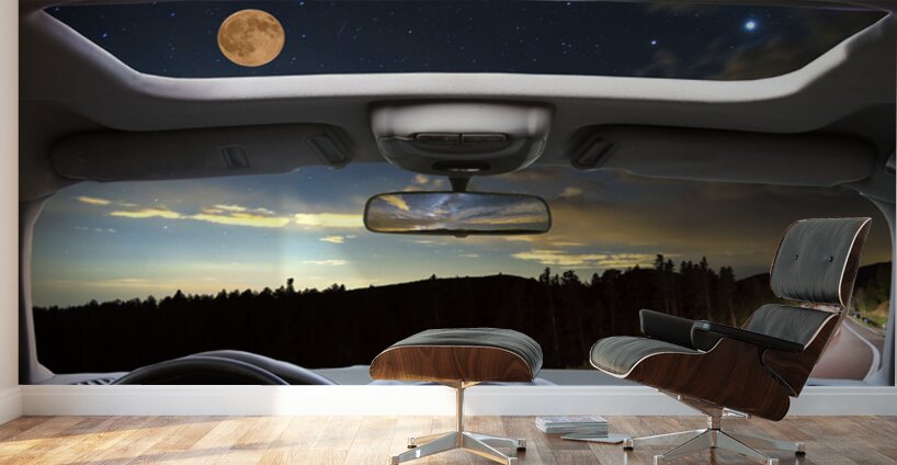 Moonlit Journey Through the Windshield and Sunroof Wall Murals