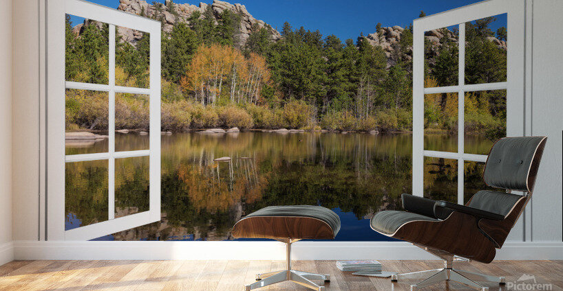 Peaceful Colorful Lakeside White Open Window View Wall Murals
