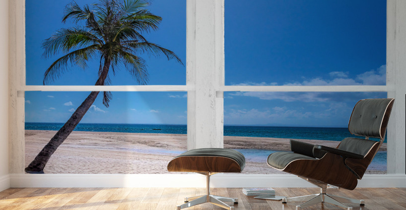 Tropical Paradise Whitewash Window View Wall Murals