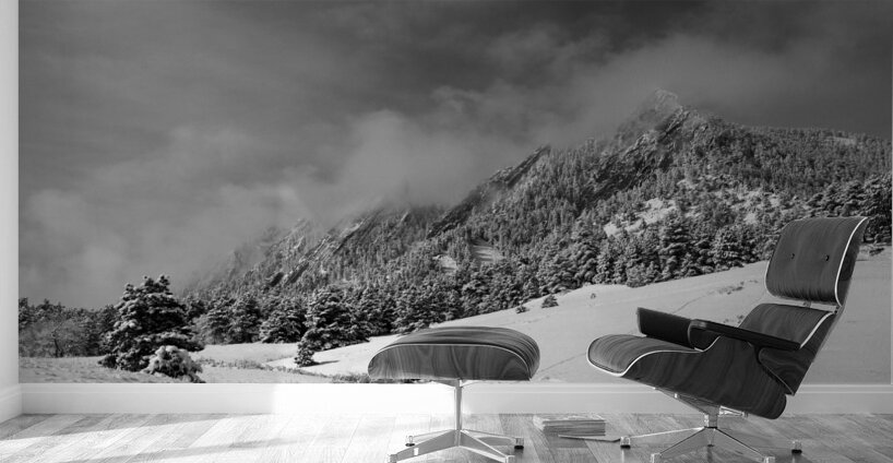 Boulder Colorado Flatirons April Snow In Black and White Wall Murals